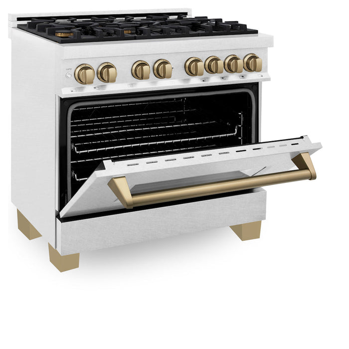 ZLINE Autograph Edition 36 in. 4.6 cu. ft. Legacy Dual Fuel Range with 6 Burner Gas Cooktop and Electric Convection Oven in DuraSnow® Stainless Steel and Champagne Bronze Accents (RASZ-SN-36-CB)