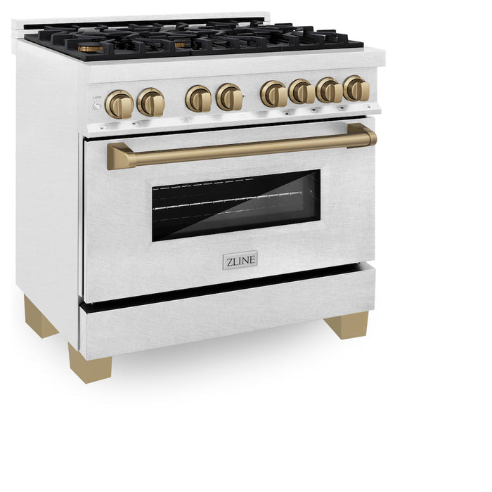 ZLINE Autograph Edition 36 in. 4.6 cu. ft. Legacy Dual Fuel Range with 6 Burner Gas Cooktop and Electric Convection Oven in DuraSnow® Stainless Steel and Champagne Bronze Accents (RASZ-SN-36-CB)