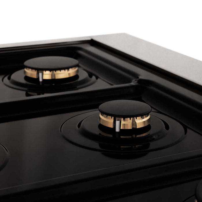 ZLINE Autograph Edition 36 in. 4.6 cu. ft. Legacy Dual Fuel Range with 6 Burner Gas Cooktop and Electric Convection Oven in DuraSnow® Stainless Steel and Polished Gold Accents (RASZ-SN-36-G)