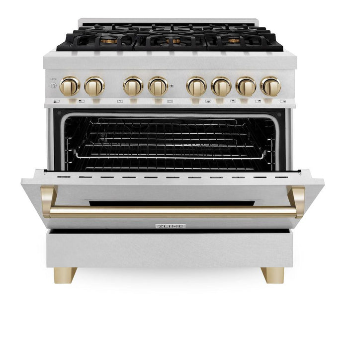 ZLINE Autograph Edition 36 in. 4.6 cu. ft. Legacy Dual Fuel Range with 6 Burner Gas Cooktop and Electric Convection Oven in DuraSnow® Stainless Steel and Polished Gold Accents (RASZ-SN-36-G)