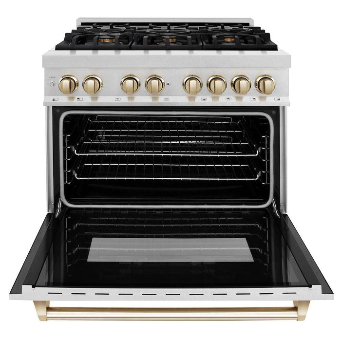 ZLINE Autograph Edition 36 in. 4.6 cu. ft. Legacy Dual Fuel Range with 6 Burner Gas Cooktop and Electric Convection Oven in DuraSnow® Stainless Steel and Polished Gold Accents (RASZ-SN-36-G)