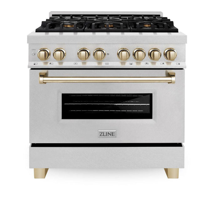 ZLINE Autograph Edition 36 in. 4.6 cu. ft. Legacy Dual Fuel Range with 6 Burner Gas Cooktop and Electric Convection Oven in DuraSnow® Stainless Steel and Polished Gold Accents (RASZ-SN-36-G)