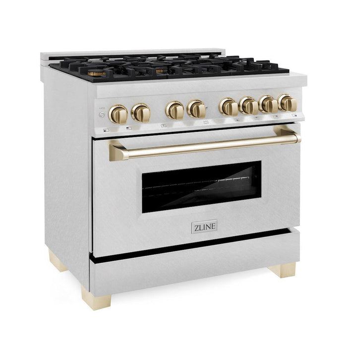 ZLINE Autograph Edition 36 in. 4.6 cu. ft. Legacy Dual Fuel Range with 6 Burner Gas Cooktop and Electric Convection Oven in DuraSnow® Stainless Steel and Polished Gold Accents (RASZ-SN-36-G)