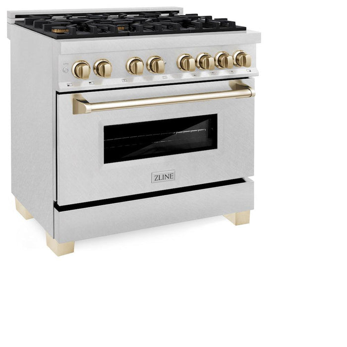 ZLINE Autograph Edition 36 in. 4.6 cu. ft. Legacy Dual Fuel Range with 6 Burner Gas Cooktop and Electric Convection Oven in DuraSnow® Stainless Steel and Polished Gold Accents (RASZ-SN-36-G)