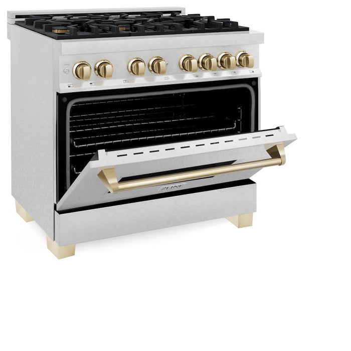 ZLINE Autograph Edition 36 in. 4.6 cu. ft. Legacy Dual Fuel Range with 6 Burner Gas Cooktop and Electric Convection Oven in DuraSnow® Stainless Steel and Polished Gold Accents (RASZ-SN-36-G)