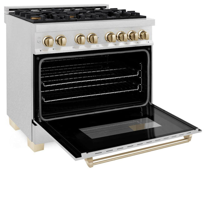 ZLINE Autograph Edition 36 in. 4.6 cu. ft. Legacy Dual Fuel Range with 6 Burner Gas Cooktop and Electric Convection Oven in DuraSnow® Stainless Steel and Polished Gold Accents (RASZ-SN-36-G)