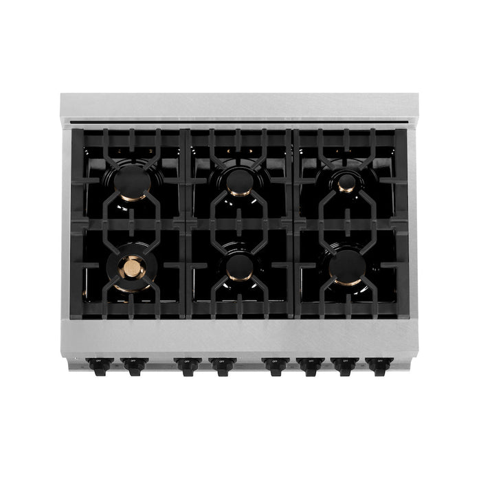 ZLINE Autograph Edition 36 in. 4.6 cu. ft. Legacy Dual Fuel Range with 6 Burner Gas Cooktop and Electric Convection Oven in DuraSnow® Stainless Steel and Matte Black Accents (RASZ-SN-36-MB)