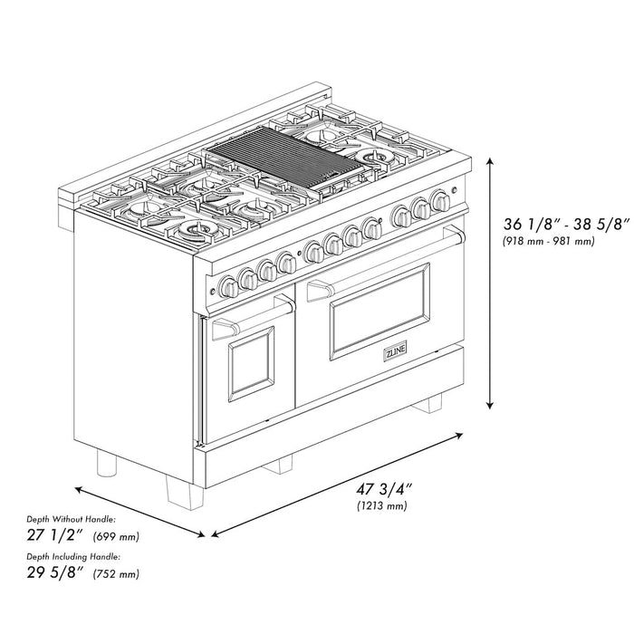 ZLINE Autograph Edition 48 in. 6.0 cu. ft. Legacy Dual Fuel Range with 7 Burner Gas Cooktop and 2 Electric Ovens in DuraSnow® Stainless Steel and Champagne Bronze Accents (RASZ-SN-48-CB)