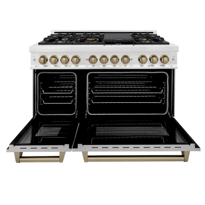 ZLINE Autograph Edition 48 in. 6.0 cu. ft. Legacy Dual Fuel Range with 7 Burner Gas Cooktop and 2 Electric Ovens in DuraSnow® Stainless Steel and Champagne Bronze Accents (RASZ-SN-48-CB)