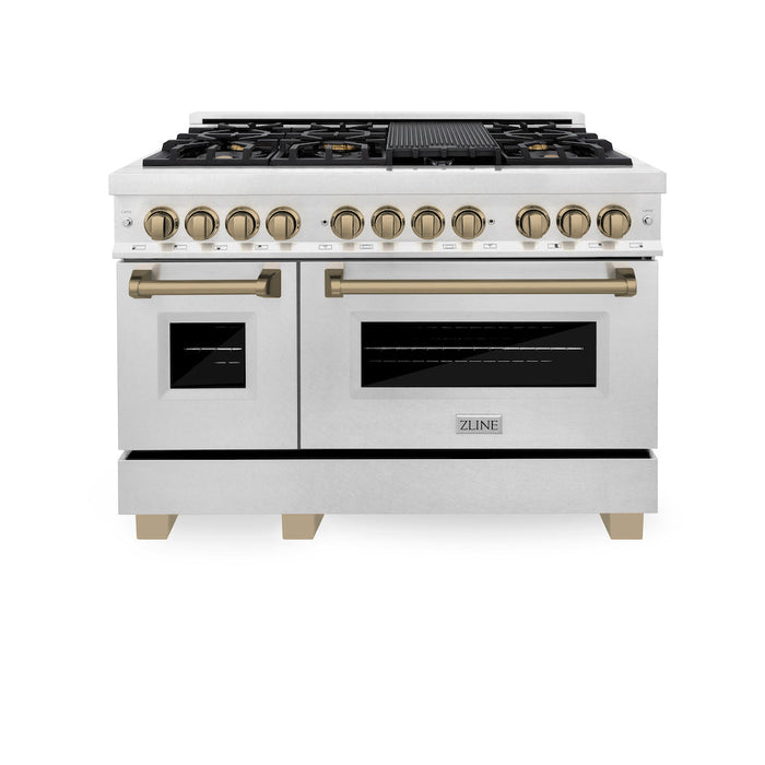 ZLINE Autograph Edition 48 in. 6.0 cu. ft. Legacy Dual Fuel Range with 7 Burner Gas Cooktop and 2 Electric Ovens in DuraSnow® Stainless Steel and Champagne Bronze Accents (RASZ-SN-48-CB)