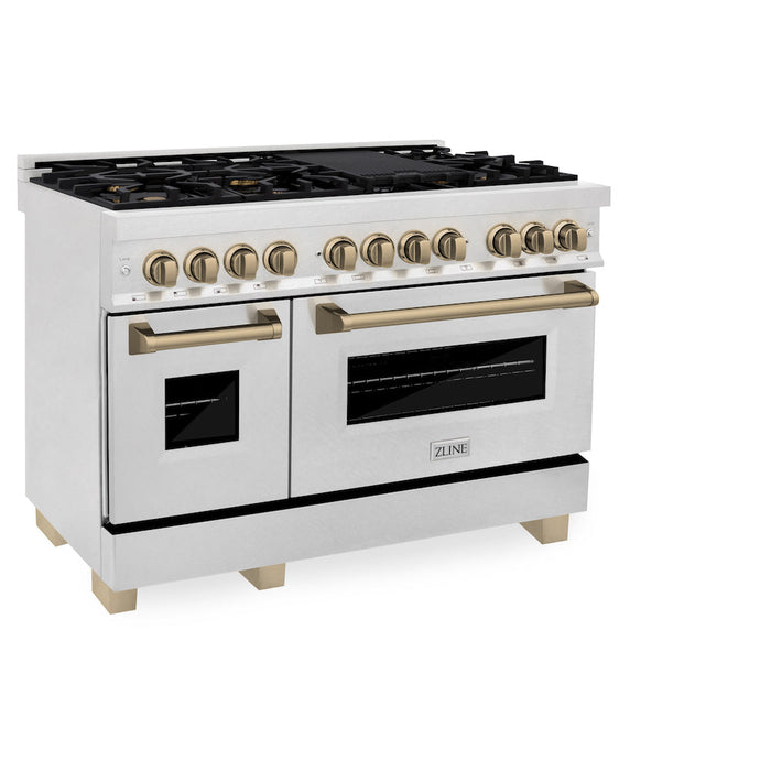 ZLINE Autograph Edition 48 in. 6.0 cu. ft. Legacy Dual Fuel Range with 7 Burner Gas Cooktop and 2 Electric Ovens in DuraSnow® Stainless Steel and Champagne Bronze Accents (RASZ-SN-48-CB)