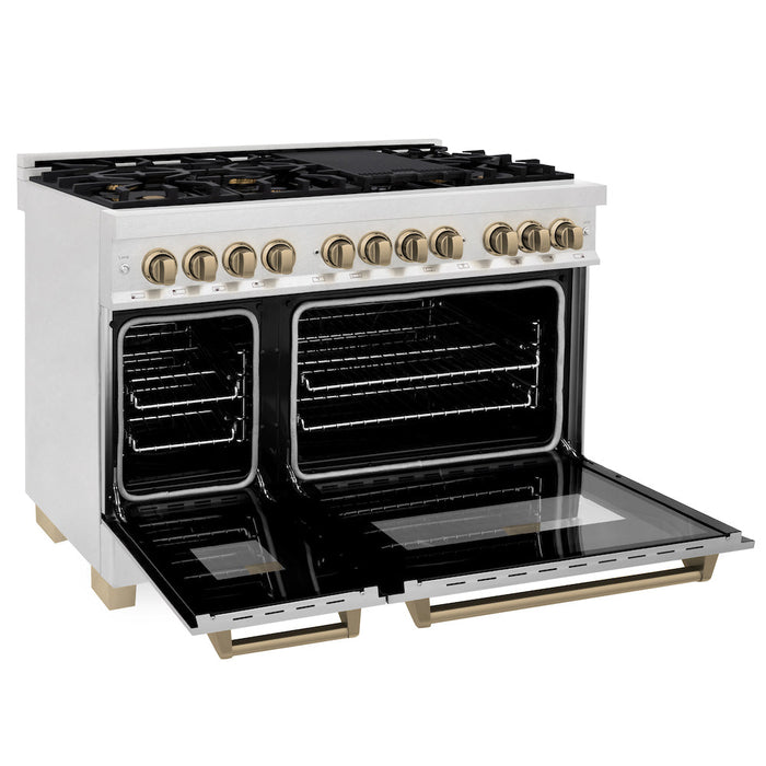 ZLINE Autograph Edition 48 in. 6.0 cu. ft. Legacy Dual Fuel Range with 7 Burner Gas Cooktop and 2 Electric Ovens in DuraSnow® Stainless Steel and Champagne Bronze Accents (RASZ-SN-48-CB)