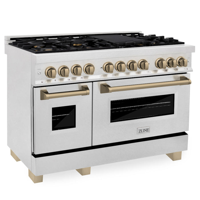 ZLINE Autograph Edition 48 in. 6.0 cu. ft. Legacy Dual Fuel Range with 7 Burner Gas Cooktop and 2 Electric Ovens in DuraSnow® Stainless Steel and Champagne Bronze Accents (RASZ-SN-48-CB)