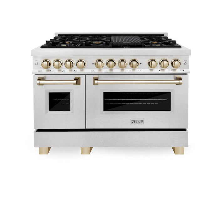 ZLINE Autograph Edition 48 in. 6.0 cu. ft. Legacy Dual Fuel Range with 7 Burner Gas Cooktop and 2 Electric Ovens in DuraSnow® Stainless Steel and Polished Gold Accents (RASZ-SN-48-G)