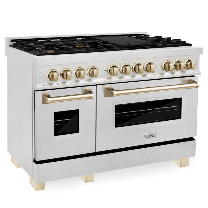 ZLINE Autograph Edition 48 in. 6.0 cu. ft. Legacy Dual Fuel Range with 7 Burner Gas Cooktop and 2 Electric Ovens in DuraSnow® Stainless Steel and Polished Gold Accents (RASZ-SN-48-G)