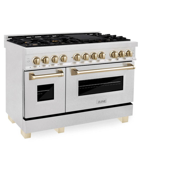 ZLINE Autograph Edition 48 in. 6.0 cu. ft. Legacy Dual Fuel Range with 7 Burner Gas Cooktop and 2 Electric Ovens in DuraSnow® Stainless Steel and Polished Gold Accents (RASZ-SN-48-G)