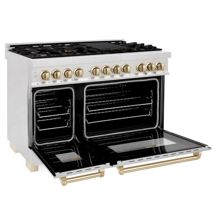 ZLINE Autograph Edition 48 in. 6.0 cu. ft. Legacy Dual Fuel Range with 7 Burner Gas Cooktop and 2 Electric Ovens in DuraSnow® Stainless Steel and Polished Gold Accents (RASZ-SN-48-G)