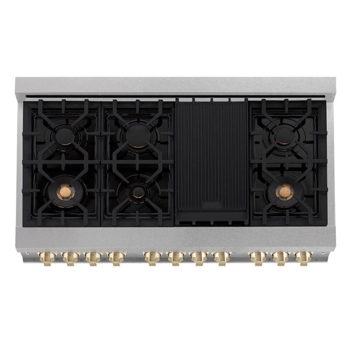 ZLINE Autograph Edition 48 in. 6.0 cu. ft. Legacy Dual Fuel Range with 7 Burner Gas Cooktop and 2 Electric Ovens in DuraSnow® Stainless Steel and Polished Gold Accents (RASZ-SN-48-G)