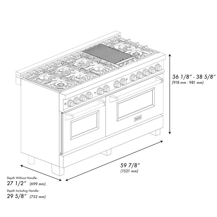 ZLINE Autograph Edition 60 in. 7.4 cu. ft. Legacy Dual Fuel Range with 9 Burner Gas Cooktop and 2 Electric Convection Ovens in DuraSnow® Stainless Steel and Champagne Bronze Accents (RASZ-SN-60-CB)