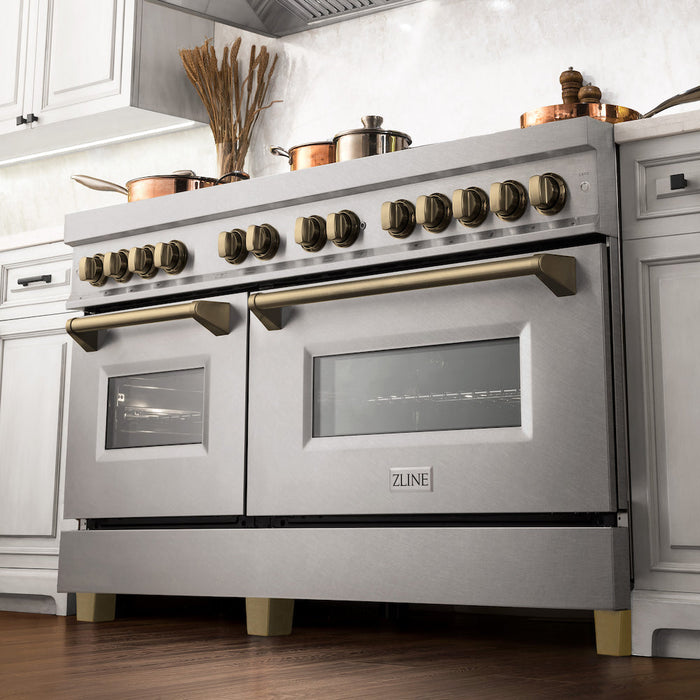 ZLINE Autograph Edition 60 in. 7.4 cu. ft. Legacy Dual Fuel Range with 9 Burner Gas Cooktop and 2 Electric Convection Ovens in DuraSnow® Stainless Steel and Champagne Bronze Accents (RASZ-SN-60-CB)