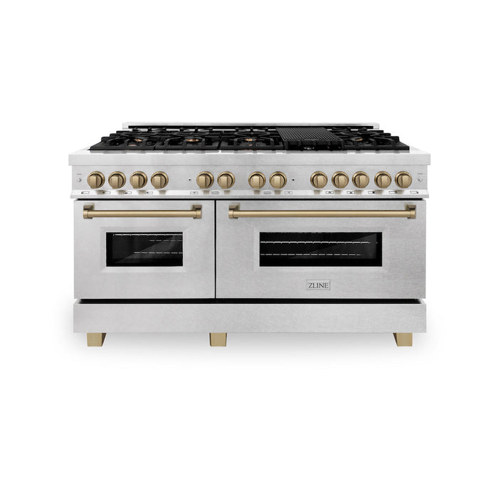 ZLINE Autograph Edition 60 in. 7.4 cu. ft. Legacy Dual Fuel Range with 9 Burner Gas Cooktop and 2 Electric Convection Ovens in DuraSnow® Stainless Steel and Champagne Bronze Accents (RASZ-SN-60-CB)