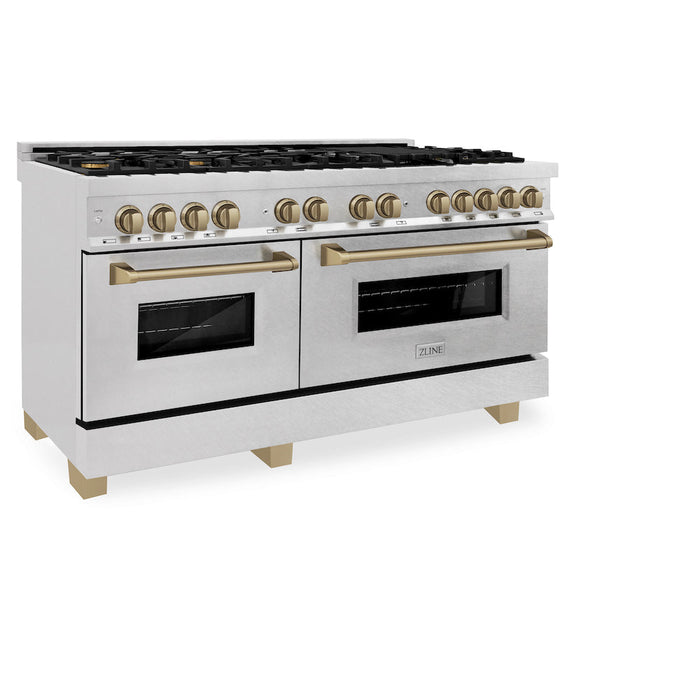 ZLINE Autograph Edition 60 in. 7.4 cu. ft. Legacy Dual Fuel Range with 9 Burner Gas Cooktop and 2 Electric Convection Ovens in DuraSnow® Stainless Steel and Champagne Bronze Accents (RASZ-SN-60-CB)