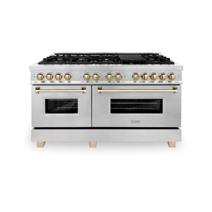 ZLINE Autograph Edition 60 in. 7.4 cu. ft. Legacy Dual Fuel Range with 9 Burner Gas Cooktop and 2 Electric Convection Ovens in DuraSnow® Stainless Steel and Polished Gold Accents (RASZ-SN-60-G)