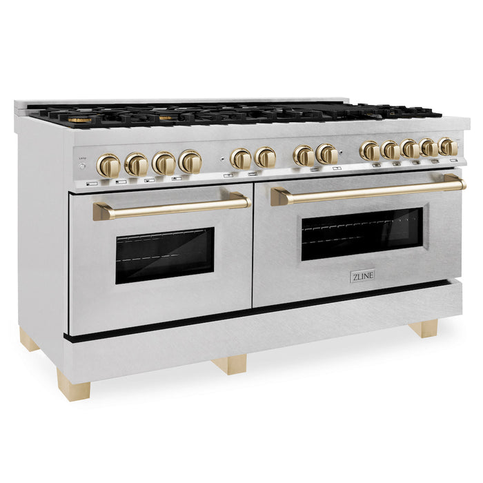 ZLINE Autograph Edition 60 in. 7.4 cu. ft. Legacy Dual Fuel Range with 9 Burner Gas Cooktop and 2 Electric Convection Ovens in DuraSnow® Stainless Steel and Polished Gold Accents (RASZ-SN-60-G)