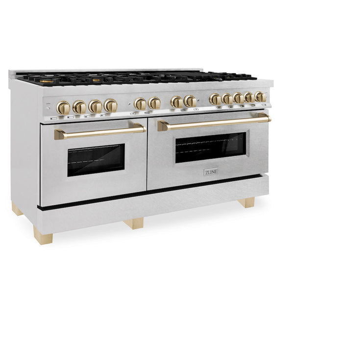 ZLINE Autograph Edition 60 in. 7.4 cu. ft. Legacy Dual Fuel Range with 9 Burner Gas Cooktop and 2 Electric Convection Ovens in DuraSnow® Stainless Steel and Polished Gold Accents (RASZ-SN-60-G)