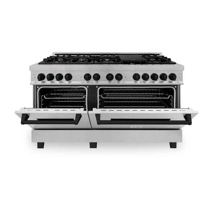 ZLINE Autograph Edition 60 in. 7.4 cu. ft. Legacy Dual Fuel Range with 9 Burner Gas Cooktop and 2 Electric Convection Ovens in DuraSnow® Stainless Steel and Matte Black Accents (RASZ-SN-60-MB)