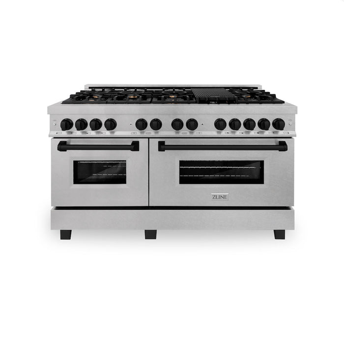 ZLINE Autograph Edition 60 in. 7.4 cu. ft. Legacy Dual Fuel Range with 9 Burner Gas Cooktop and 2 Electric Convection Ovens in DuraSnow® Stainless Steel and Matte Black Accents (RASZ-SN-60-MB)