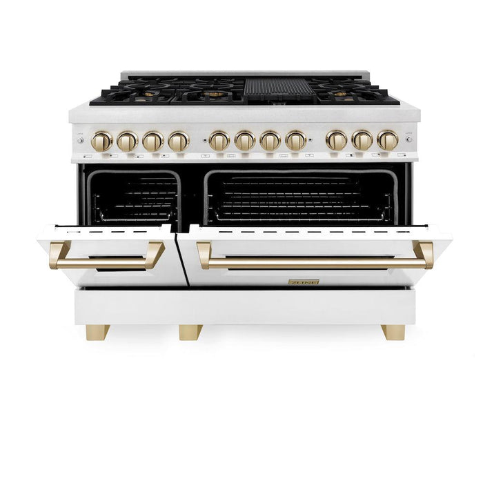 ZLINE Autograph Edition 48 in. 6.0 cu. ft. Legacy Dual Fuel Range with 7 Burner Gas Cooktop and 2 Electric Ovens in DuraSnow® Stainless Steel with White Matte Doors and Polished Gold Accents (RASZ-WM-48-G)