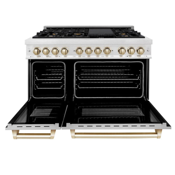 ZLINE Autograph Edition 48 in. 6.0 cu. ft. Legacy Dual Fuel Range with 7 Burner Gas Cooktop and 2 Electric Ovens in DuraSnow® Stainless Steel with White Matte Doors and Polished Gold Accents (RASZ-WM-48-G)