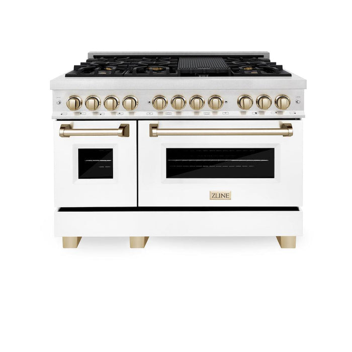 ZLINE Autograph Edition 48 in. 6.0 cu. ft. Legacy Dual Fuel Range with 7 Burner Gas Cooktop and 2 Electric Ovens in DuraSnow® Stainless Steel with White Matte Doors and Polished Gold Accents (RASZ-WM-48-G)