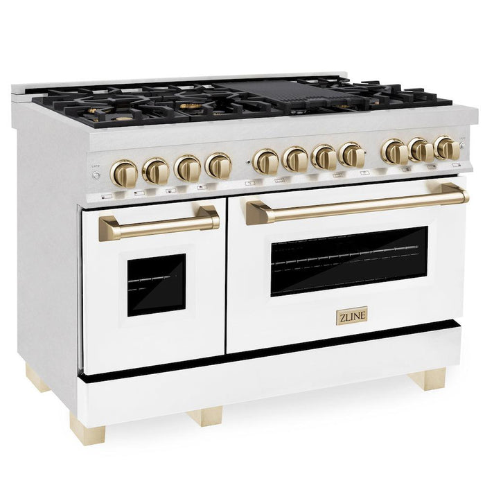 ZLINE Autograph Edition 48 in. 6.0 cu. ft. Legacy Dual Fuel Range with 7 Burner Gas Cooktop and 2 Electric Ovens in DuraSnow® Stainless Steel with White Matte Doors and Polished Gold Accents (RASZ-WM-48-G)