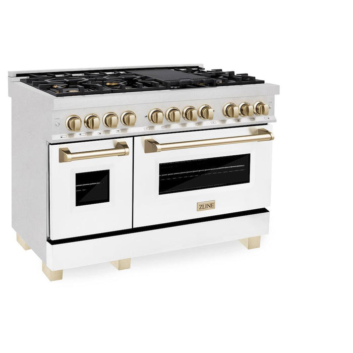 ZLINE Autograph Edition 48 in. 6.0 cu. ft. Legacy Dual Fuel Range with 7 Burner Gas Cooktop and 2 Electric Ovens in DuraSnow® Stainless Steel with White Matte Doors and Polished Gold Accents (RASZ-WM-48-G)