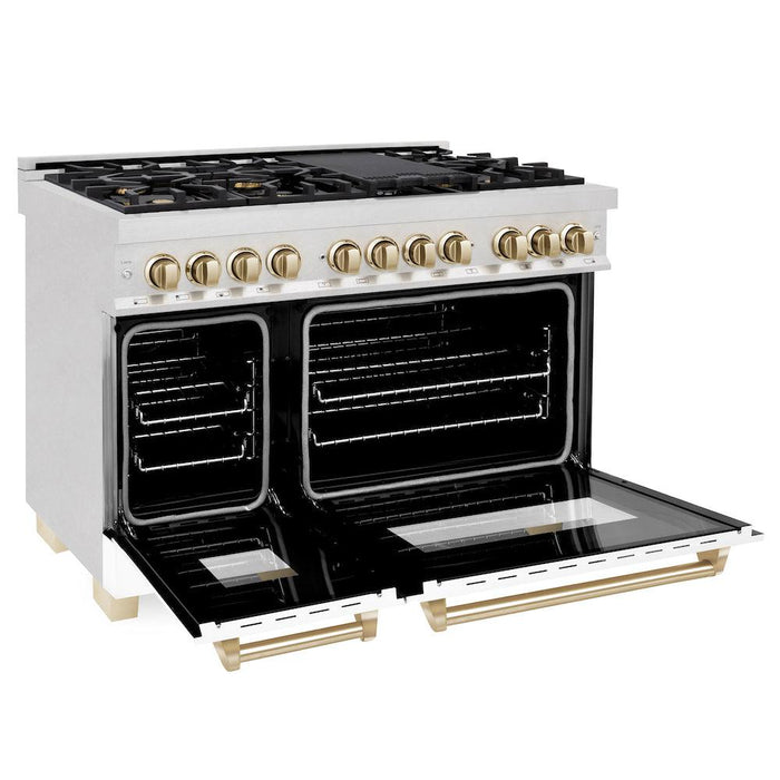 ZLINE Autograph Edition 48 in. 6.0 cu. ft. Legacy Dual Fuel Range with 7 Burner Gas Cooktop and 2 Electric Ovens in DuraSnow® Stainless Steel with White Matte Doors and Polished Gold Accents (RASZ-WM-48-G)