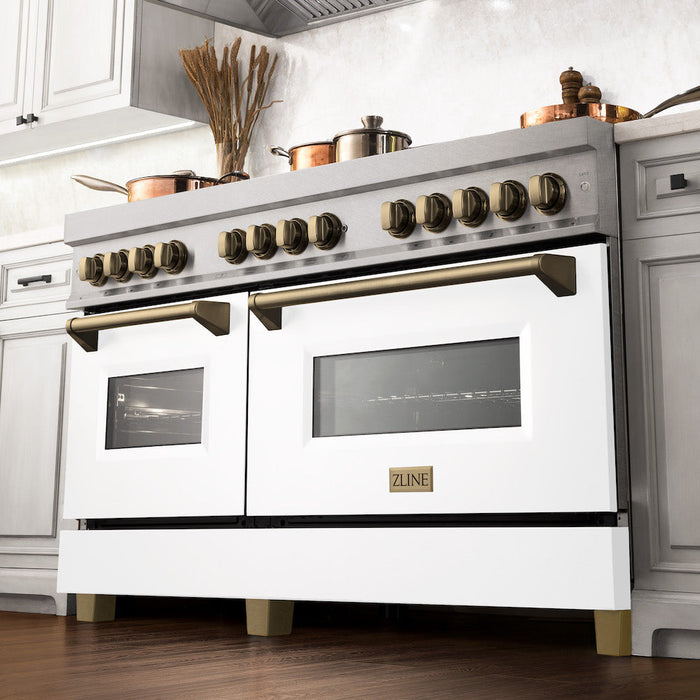 ZLINE Autograph Edition 60 in. 7.4 cu. ft. Legacy Dual Fuel Range with 9 Burner Gas Cooktop and 2 Electric Convection Ovens in DuraSnow® Stainless Steel with White Matte Doors and Champagne Bronze Accents (RASZ-WM-60-CB)