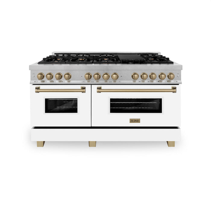 ZLINE Autograph Edition 60 in. 7.4 cu. ft. Legacy Dual Fuel Range with 9 Burner Gas Cooktop and 2 Electric Convection Ovens in DuraSnow® Stainless Steel with White Matte Doors and Champagne Bronze Accents (RASZ-WM-60-CB)