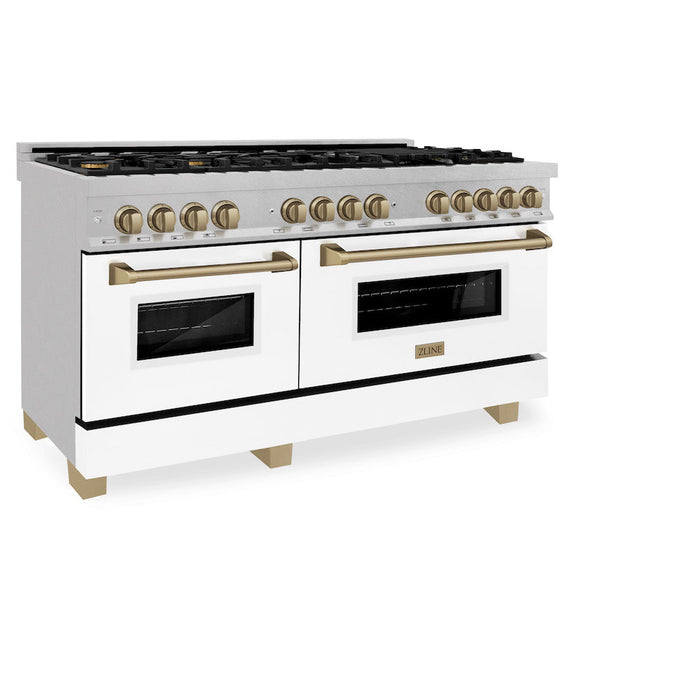 ZLINE Autograph Edition 60 in. 7.4 cu. ft. Legacy Dual Fuel Range with 9 Burner Gas Cooktop and 2 Electric Convection Ovens in DuraSnow® Stainless Steel with White Matte Doors and Champagne Bronze Accents (RASZ-WM-60-CB)