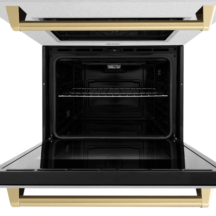 ZLINE 30" Autograph Double Wall Oven with Air Fry and Self-Clean in DuraSnow® Stainless Steel and Champagne Bronze Handle, WADSZ-30-CB