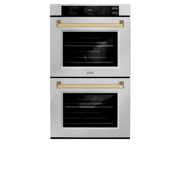 ZLINE 30" Autograph Double Wall Oven with Air Fry and Self-Clean in DuraSnow® Stainless Steel and Champagne Bronze Handle, WADSZ-30-CB