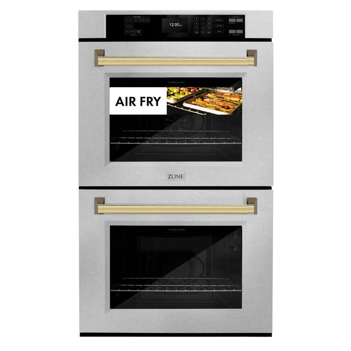 ZLINE 30" Autograph Double Wall Oven with Air Fry and Self-Clean in DuraSnow® Stainless Steel and Gold Handle, WADSZ-30-G