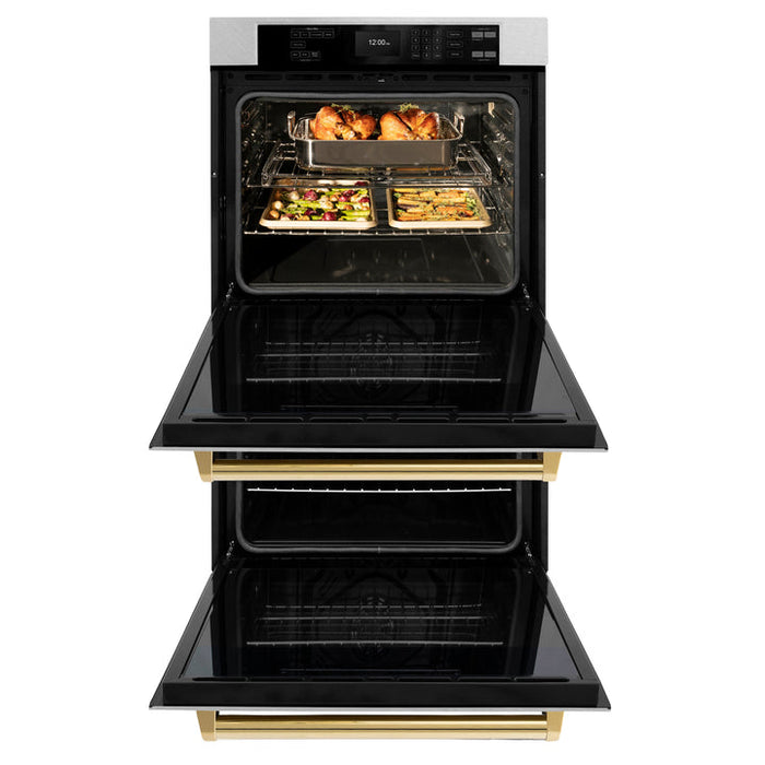 ZLINE 30" Autograph Double Wall Oven with Air Fry and Self-Clean in DuraSnow® Stainless Steel and Gold Handle, WADSZ-30-G