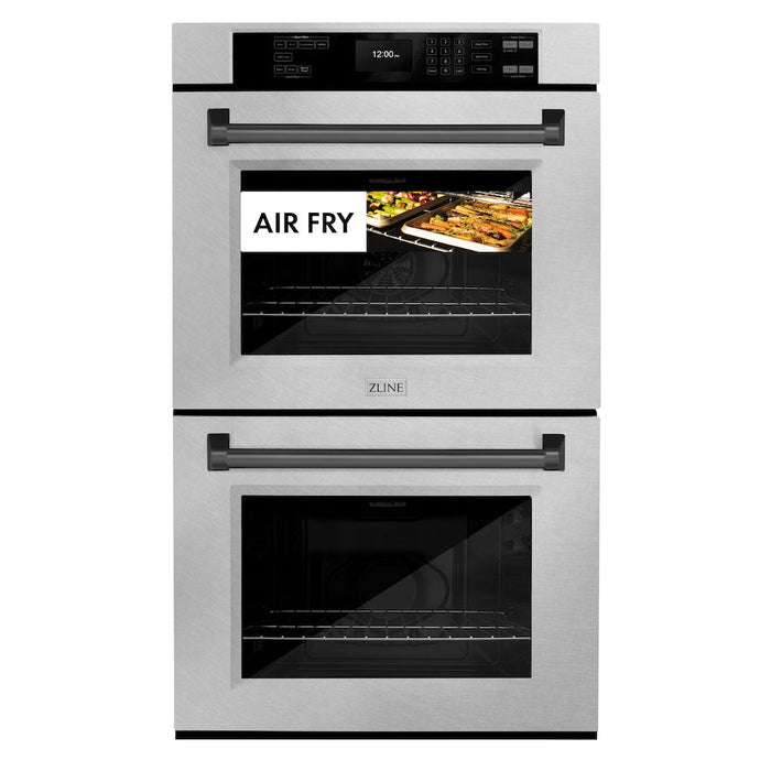 ZLINE Autograph Edition 30 in. Professional True Convection Double Wall Oven with Air Fry and Self Clean in DuraSnow® Stainless Steel with Matte Black Handles (WADSZ-30-MB)