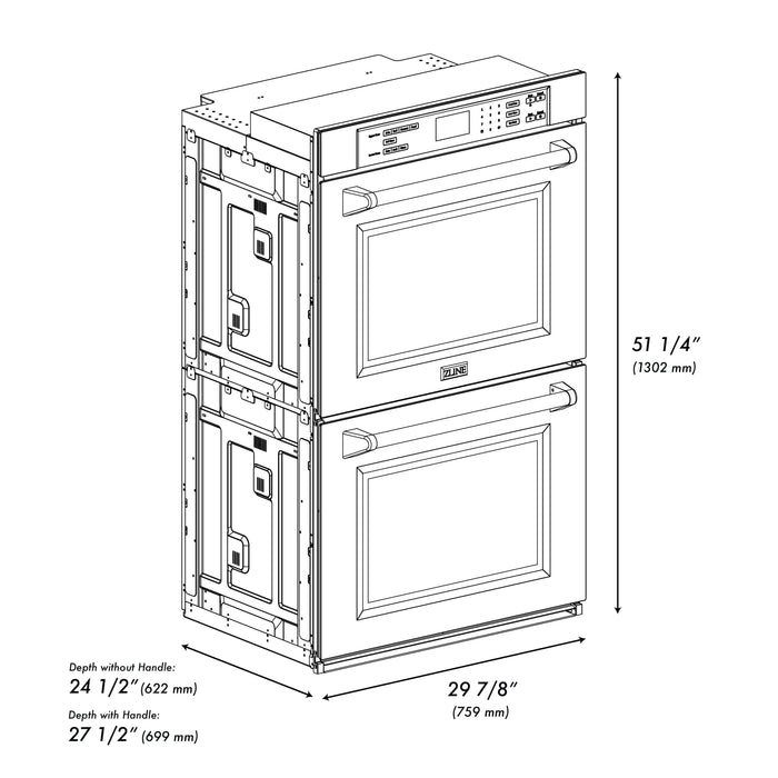 ZLINE 30" Autograph Double Wall Oven with Air Fry and Self-Clean in DuraSnow® Stainless Steel with White Matte Door and Champagne Bronze Handle, WADSZ-WM-30-CB