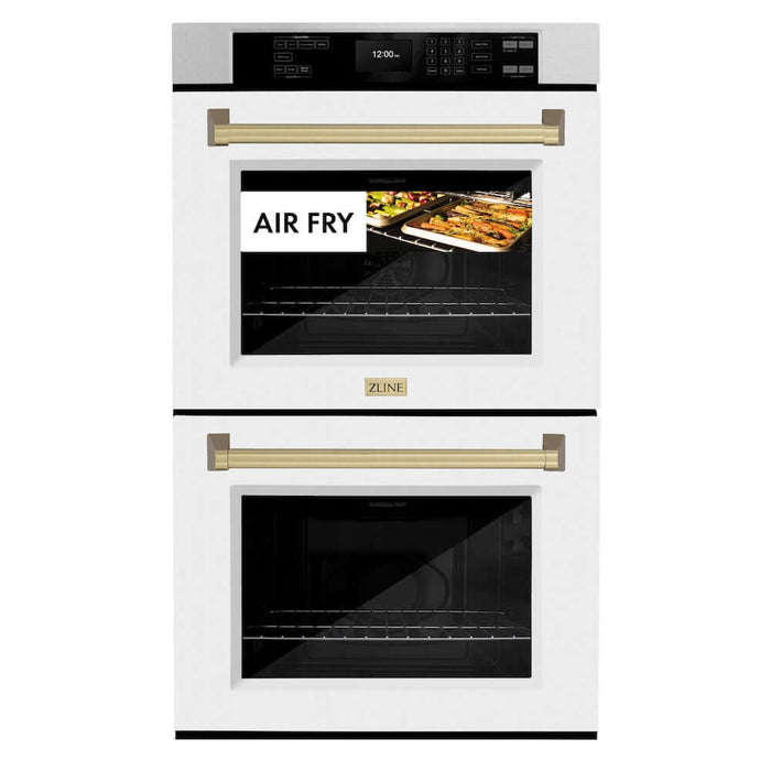 ZLINE Autograph Edition 30 in. Professional True Convection Double Wall Oven with Air Fry and Self Clean in DuraSnow® Stainless Steel with White Matte Doors and Champagne Bronze Handles (WADSZ-WM-30-CB)