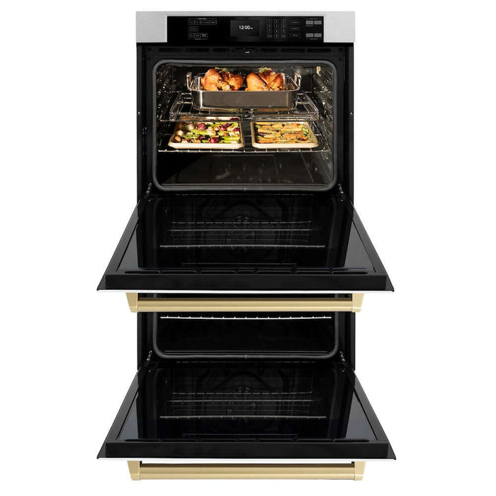 ZLINE Autograph Edition 30 in. Professional True Convection Double Wall Oven with Air Fry and Self Clean in DuraSnow® Stainless Steel with White Matte Doors and Champagne Bronze Handles (WADSZ-WM-30-CB)