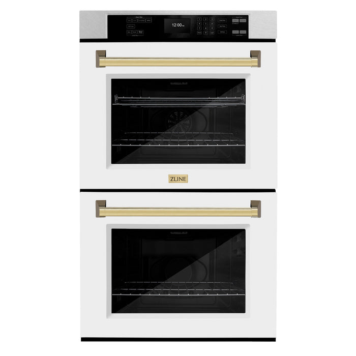 ZLINE 30" Autograph Double Wall Oven with Air Fry and Self-Clean in DuraSnow® Stainless Steel with White Matte Door and Gold Handle, WADSZ-WM-30-G