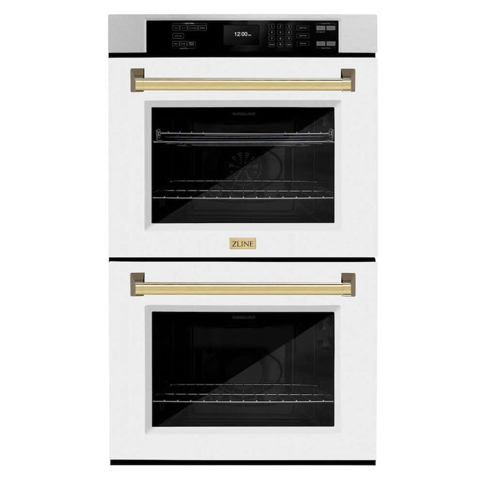 ZLINE Autograph Edition 30 in. Professional True Convection Double Wall Oven with Air Fry and Self Clean in DuraSnow® Stainless Steel with White Matte Doors and Polished Gold Handles (WADSZ-WM-30-G)